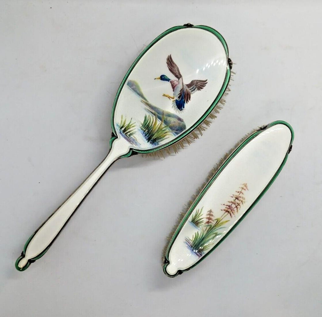 Art Deco Enamel Hand Hair Brush Flying Duck (Sterling Silver) 2 pc