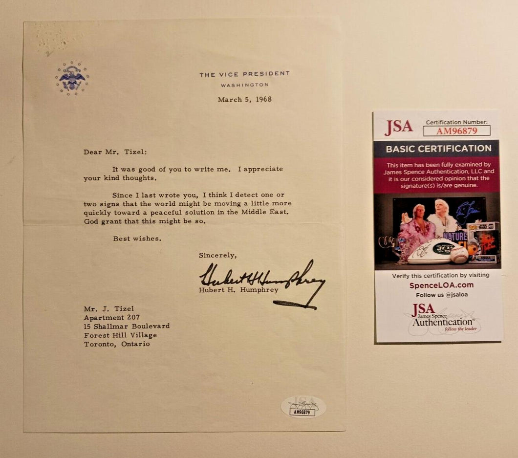 1968 Vice President Hubert H. Humphrey Signed Letter with JSA COA