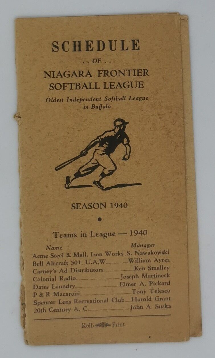 1940 Buffalo Niagara Frontier Softball League Schedule