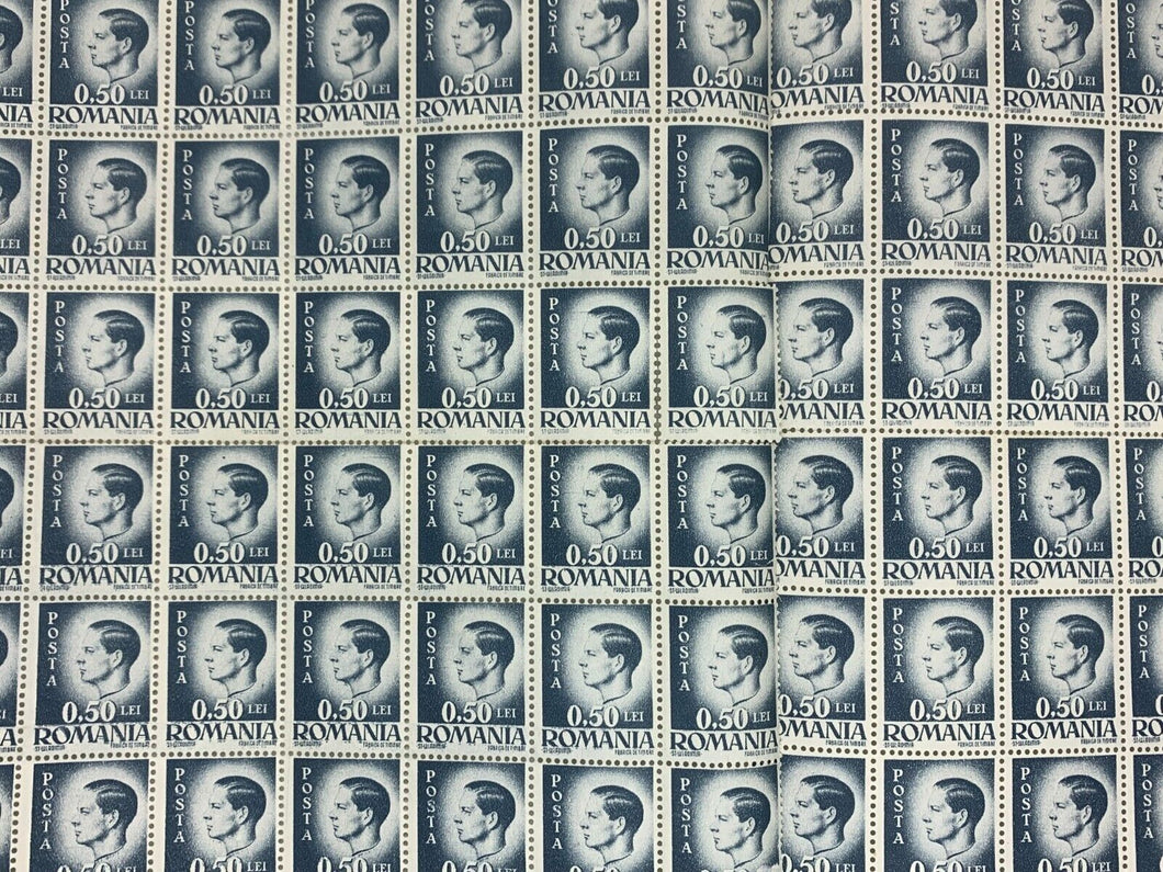 INCOMPLETE 10x10 Sheet of 1946 Blue Romanian Stamps - Posta Romana (0.50 Lei)