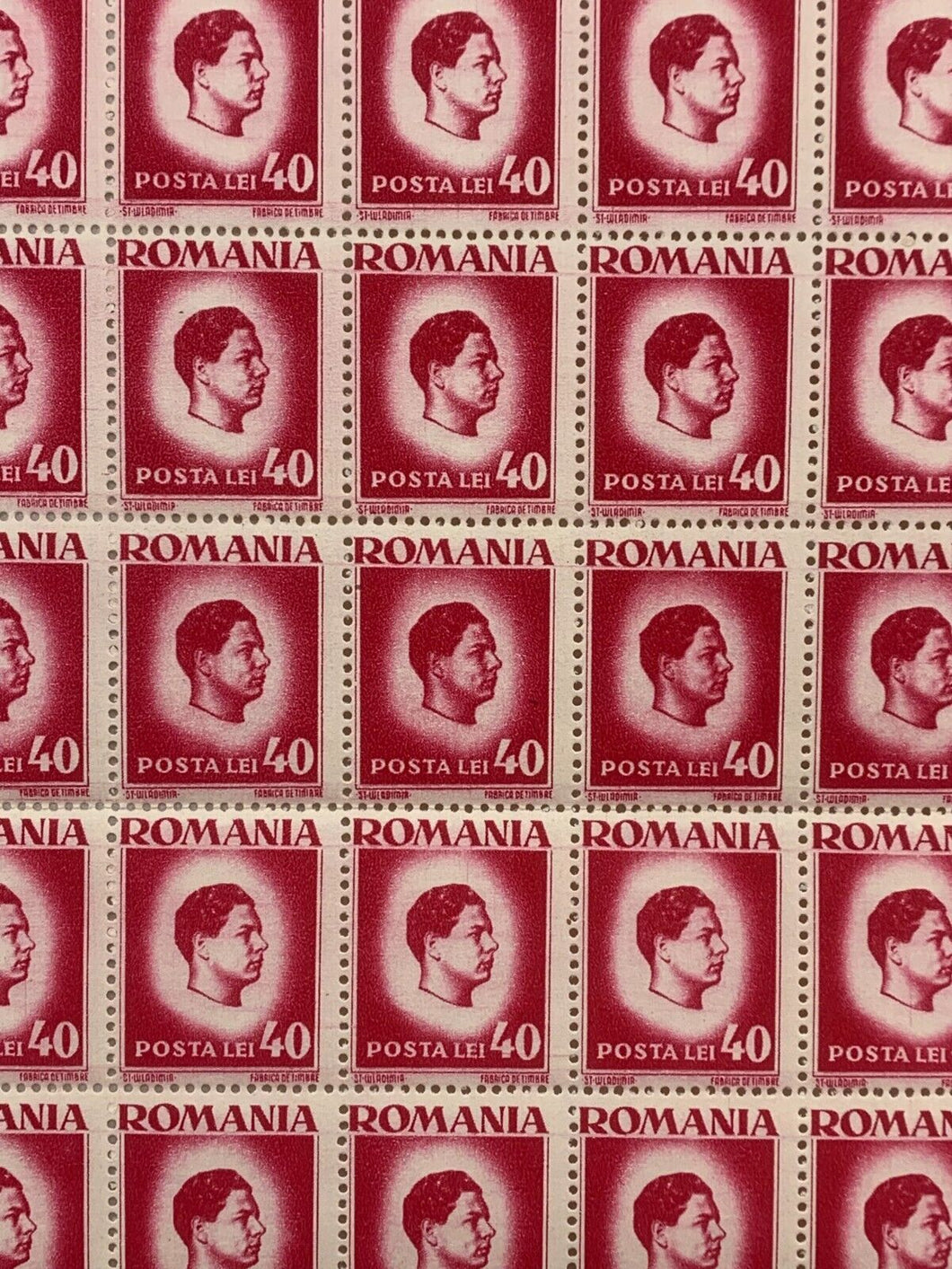 10x10 Sheet of 1946 Pink Romanian Stamps - Posta Romana (40 Lei)