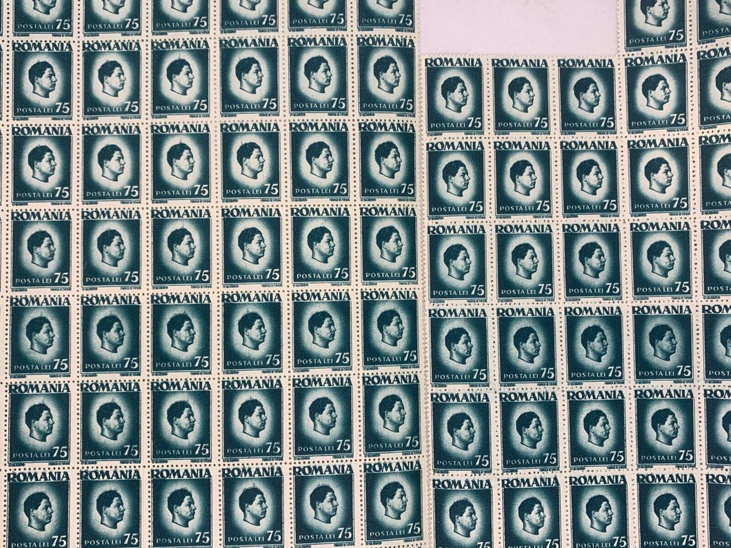 INCOMPLETE 10x10 Sheet of 1946 Blue Romanian Stamps - Posta Romana (75 Lei)