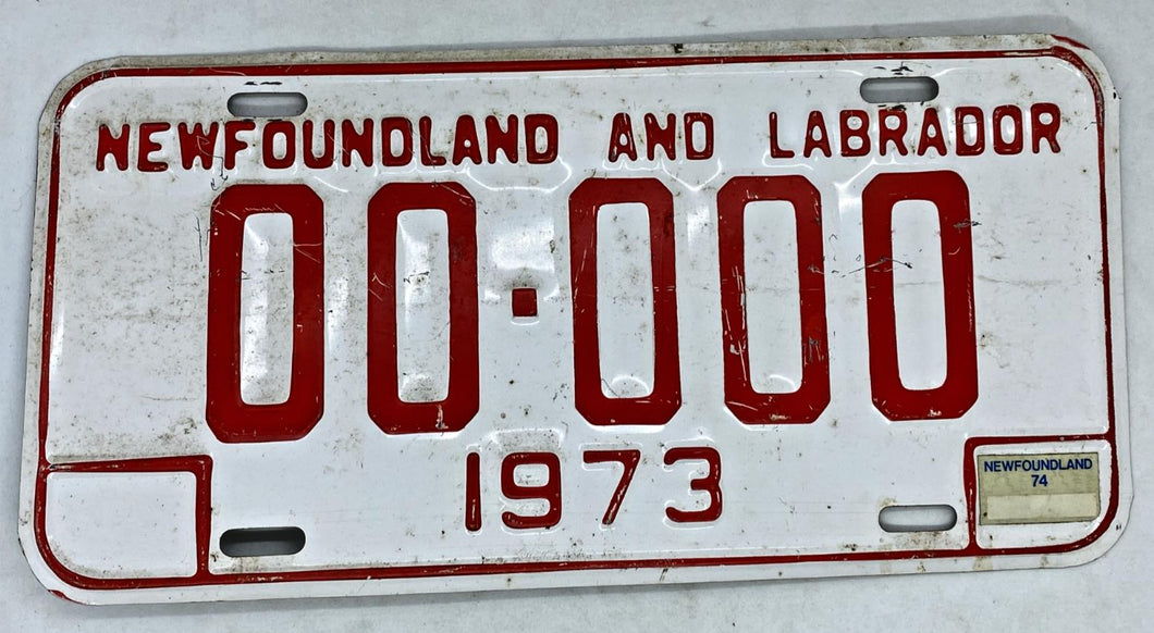 1973 Newfoundland and Labrador Sample License Plate with sticker