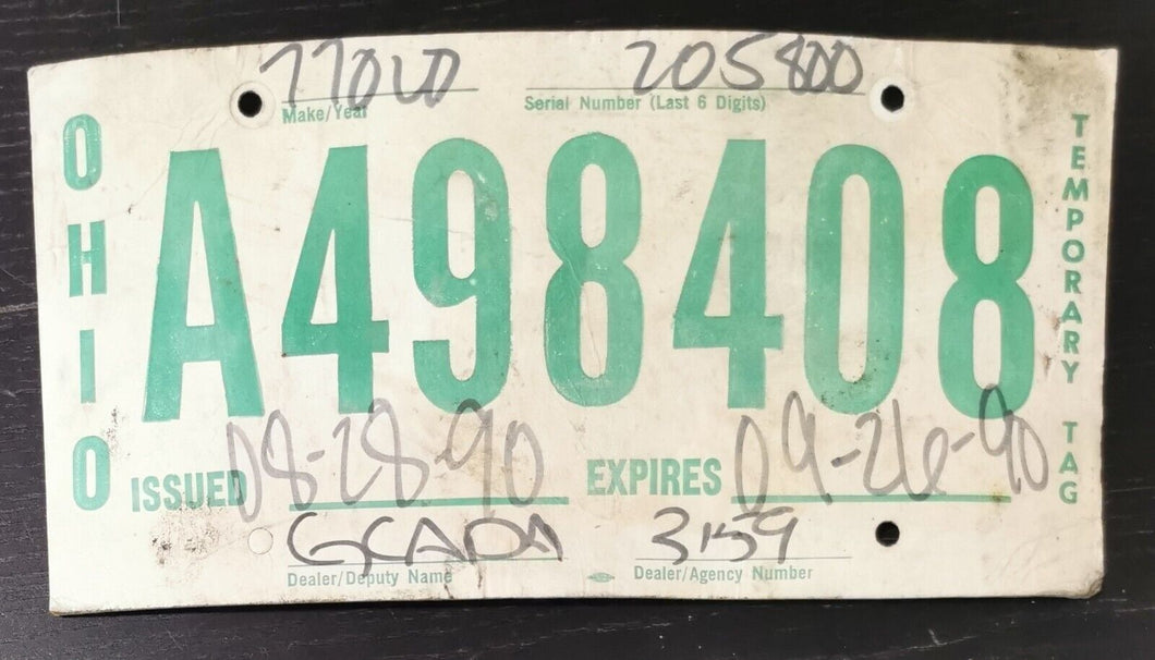 1990 Ohio Temporary License Plate A498408