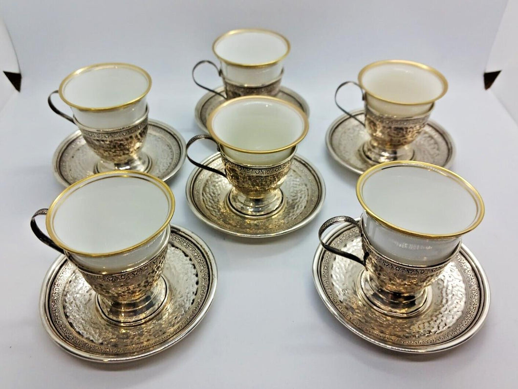 Antique Sterling Silver Reticulated Demitasse Holders and Rosenthal Cups Set (6)