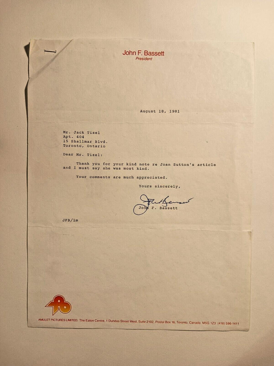 1981 John Bassett (Toronto Star Amulet) Signed letter with envelope