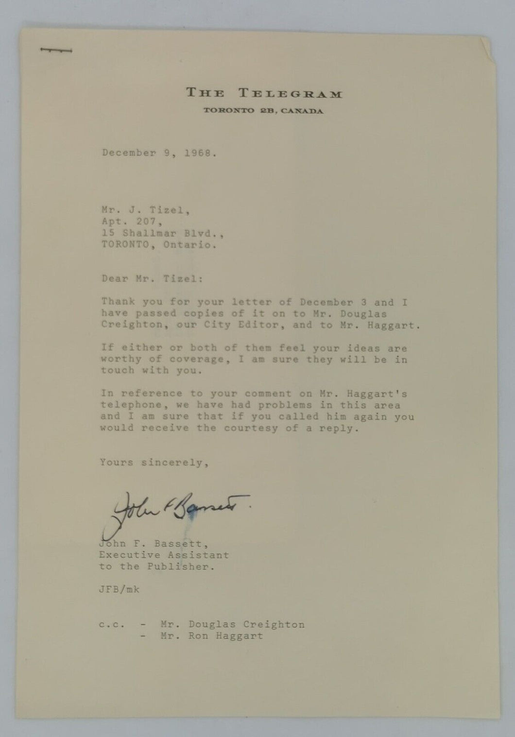 1968 John F. Bassett Canadian Tennis Player and Businessman Signed Letter