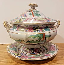 Load image into Gallery viewer, 1850s Mason&#39;s Chinese Soup Bowl with Lid and Saucer Hand Painted 13&quot; x 12&quot; x 12&quot;
