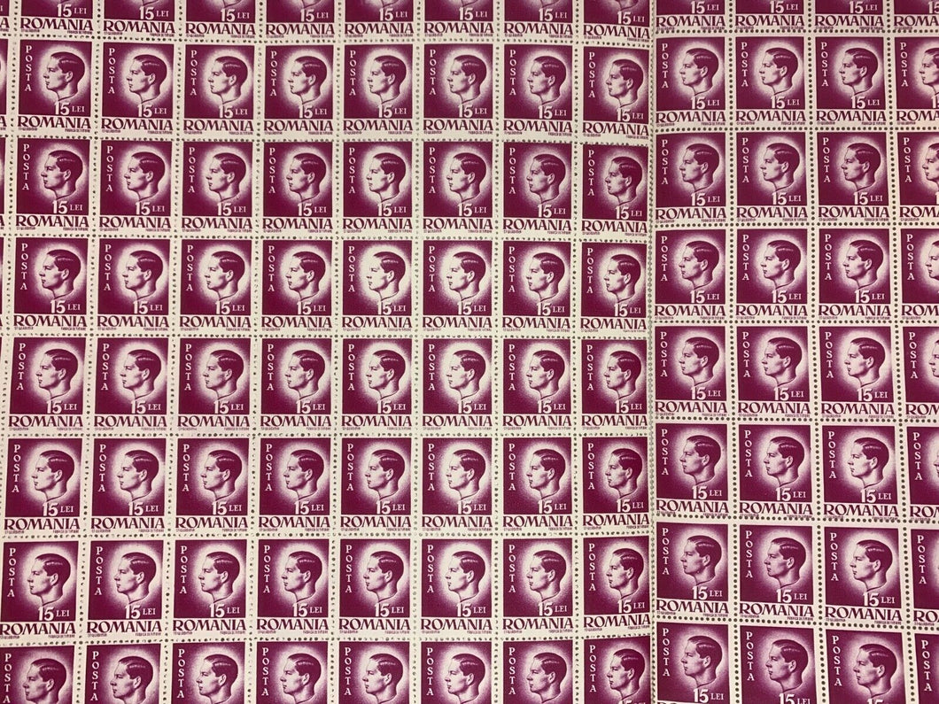 INCOMPLETE 10x10 Sheet of 1946 Violet Romanian Stamps - Posta Romana (15 Lei)