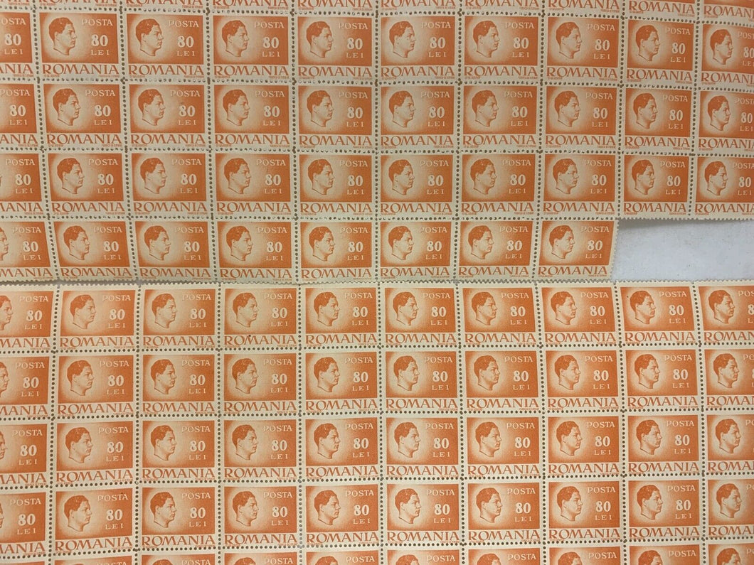 INCOMPLETE 10x10 Sheet of 1946 Orange Romanian Stamps - Posta Romana (80 Lei)