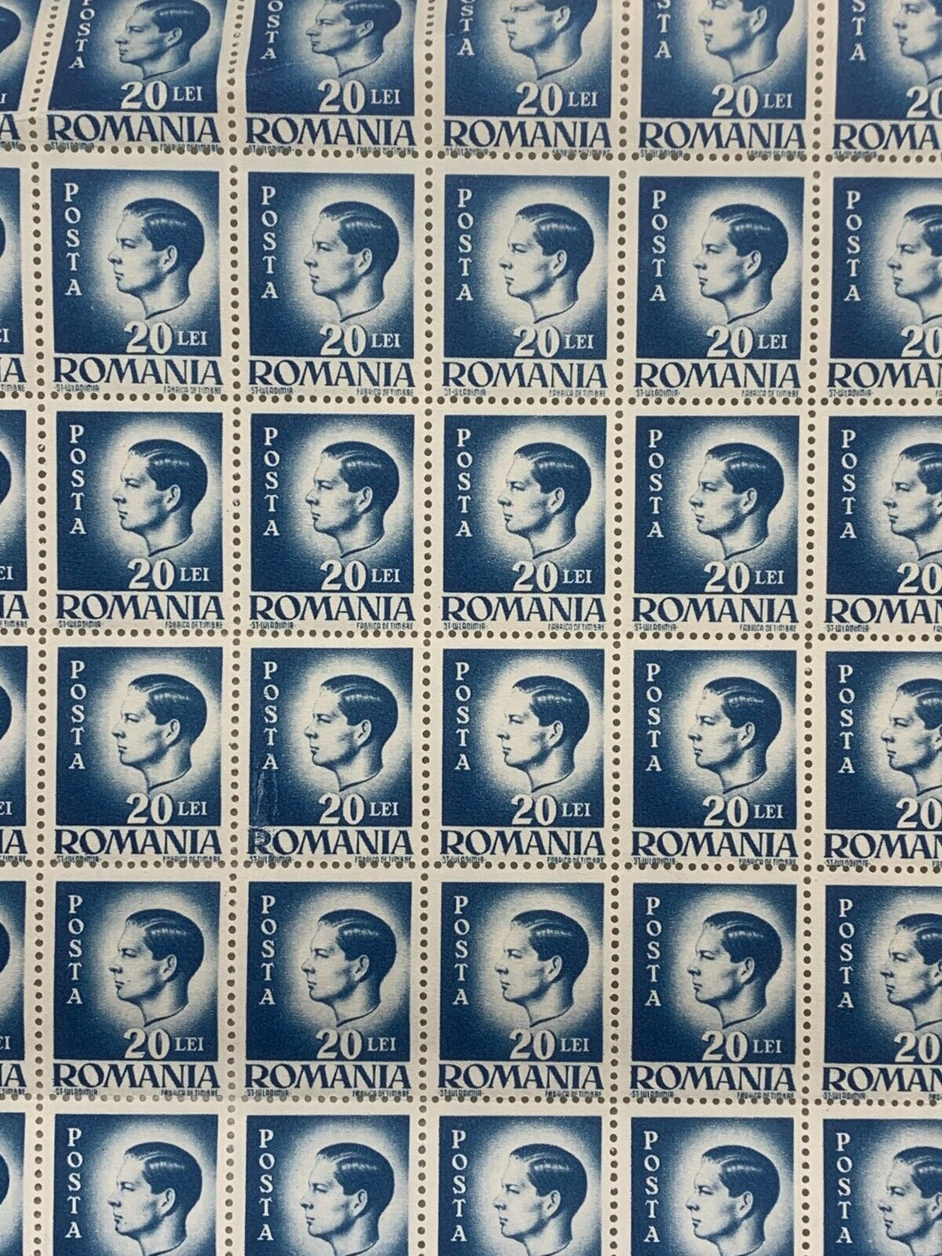 10x10 Sheet of 1946 Blue Romanian Stamps - Posta Romana (20 Lei)