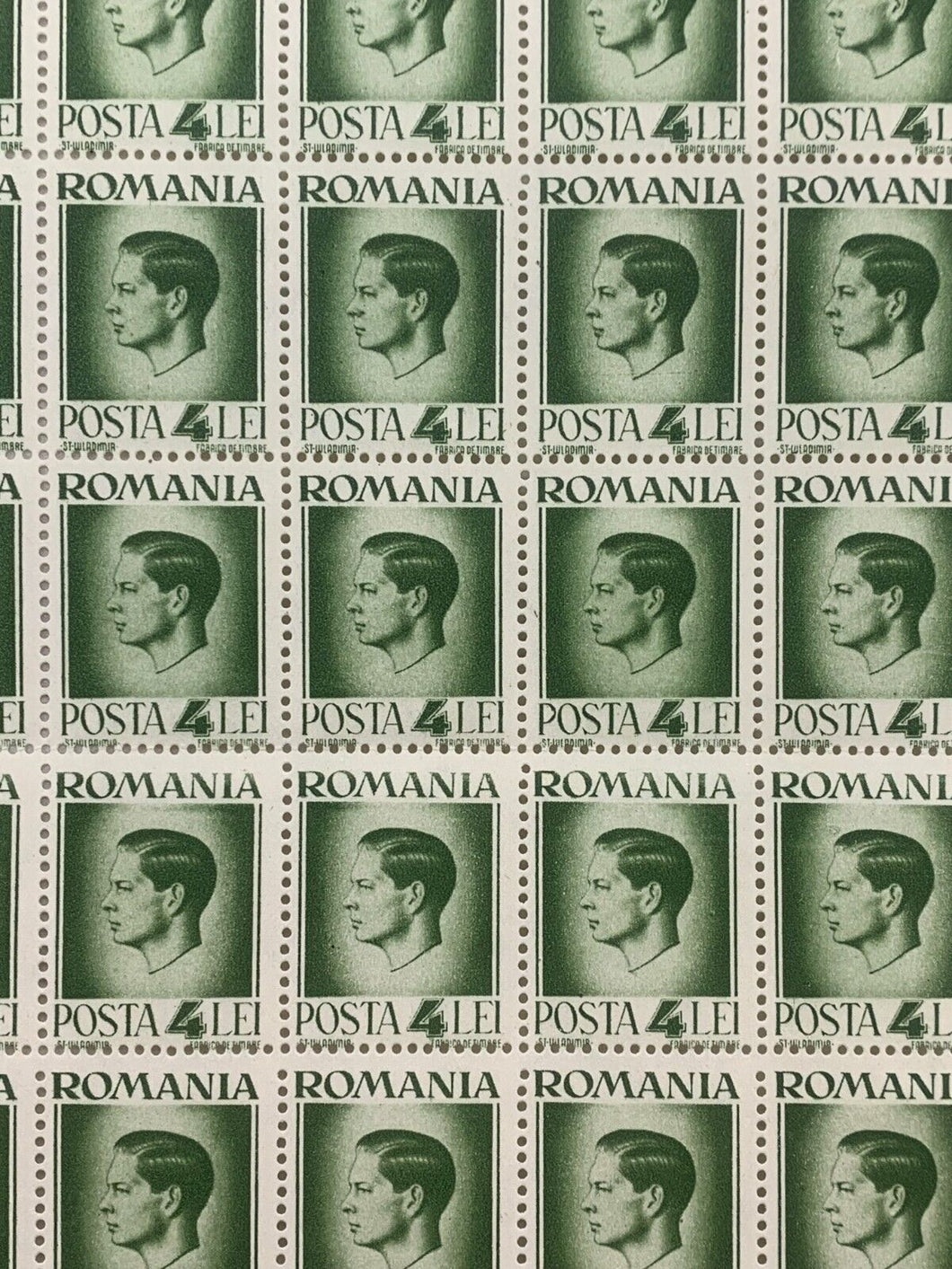 10x10 Sheet of 1946 Green Romanian Stamps - Posta Romana (4 Lei)