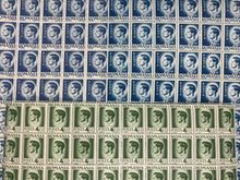 Load image into Gallery viewer, 3 INCOMPLETE Sheets of 1946 Green &amp; Blue Posta Romana Stamps (4, 10, &amp; 20 Lei)
