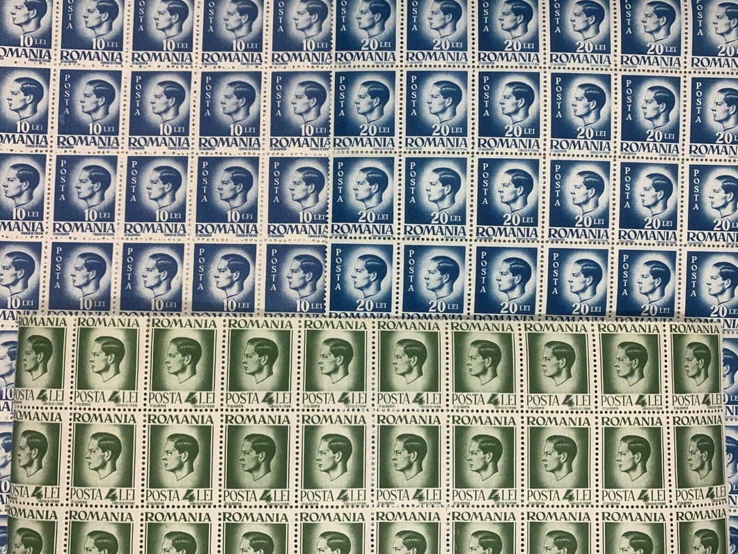 3 INCOMPLETE Sheets of 1946 Green & Blue Posta Romana Stamps (4, 10, & 20 Lei)