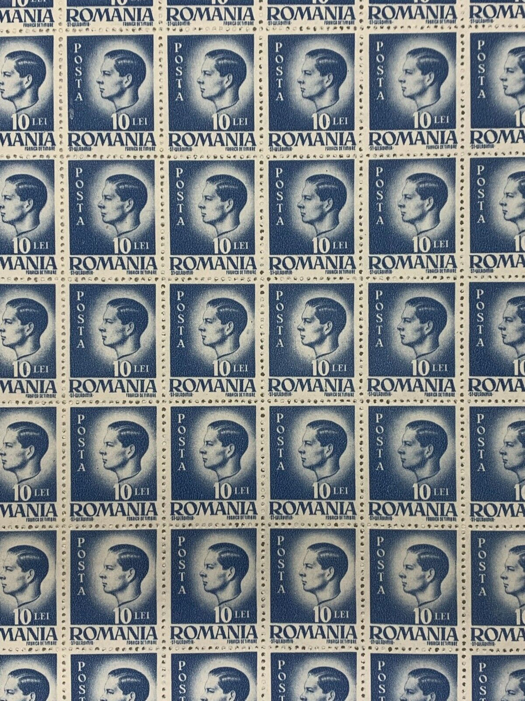 10x10 Sheet of 1946 Ultramarine Romanian Stamps - Posta Romana (10 Lei)