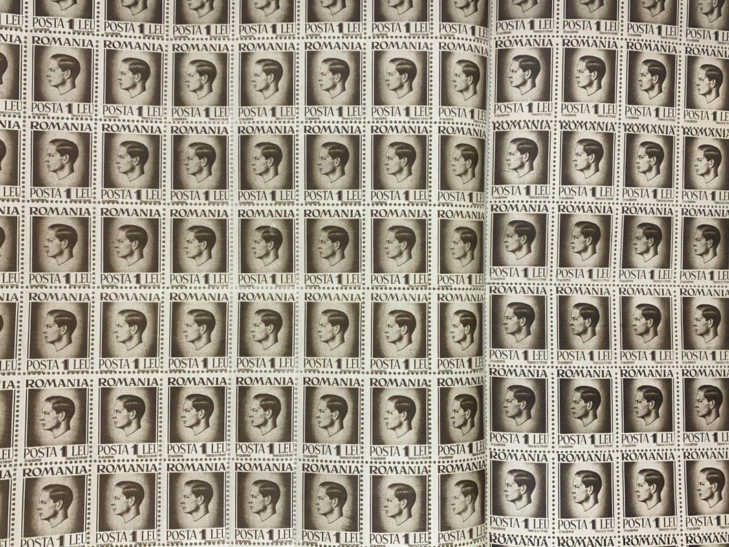 INCOMPLETE 10x10 Sheet of 1946 Brown Romanian Stamps - Posta Romana (1 Lei)