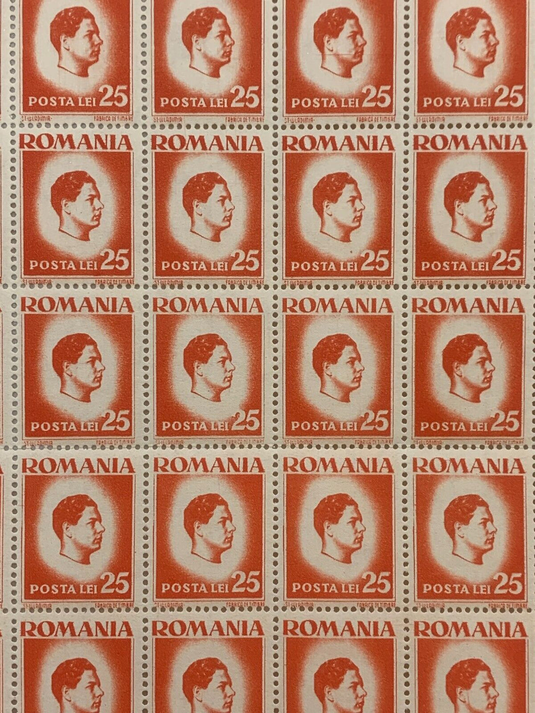 10x10 Sheet of 1946 Orange Romanian Stamps - Posta Romana (25 Lei)