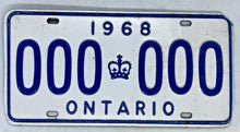 Load image into Gallery viewer, 1968 Ontario SAMPLE License Plate # 000-000
