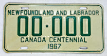 Load image into Gallery viewer, 1967 Newfoundland and Labrador Canada Centennial SAMPLE License Plate # 00-000
