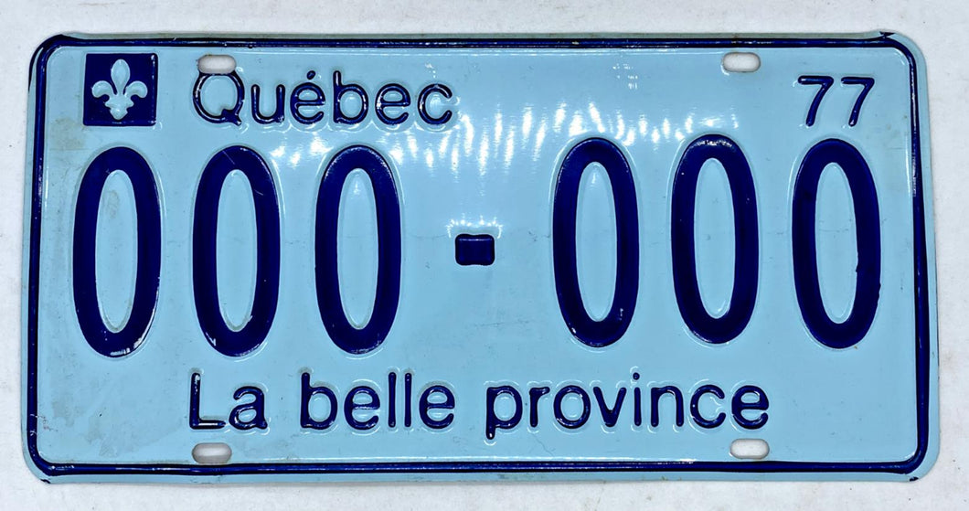 1977 Quebec ZEROs Sample License Plate** # 000-000 RARE