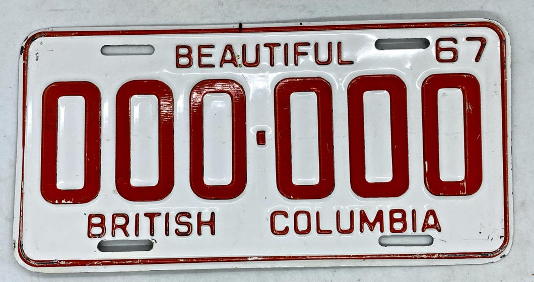 1967 British Columbia ZEROs Sample License Plate # 000-000 RARE