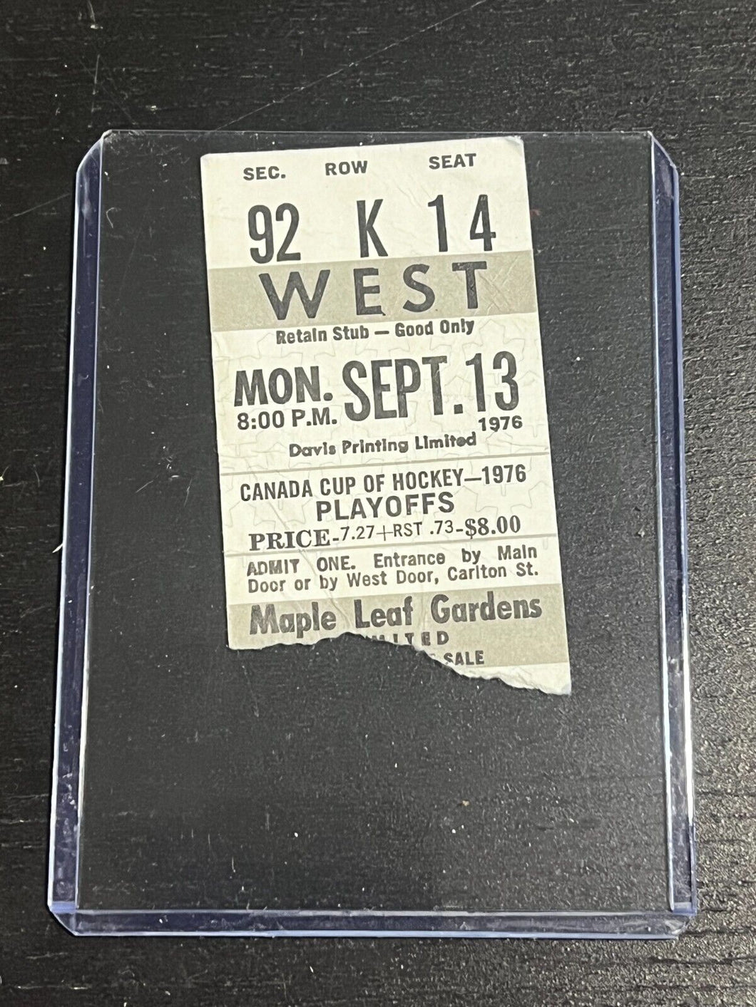 Sept 13 1976, CAN Cup Final - Canada v Czech Ticket Stub from Maple Leaf Gardens