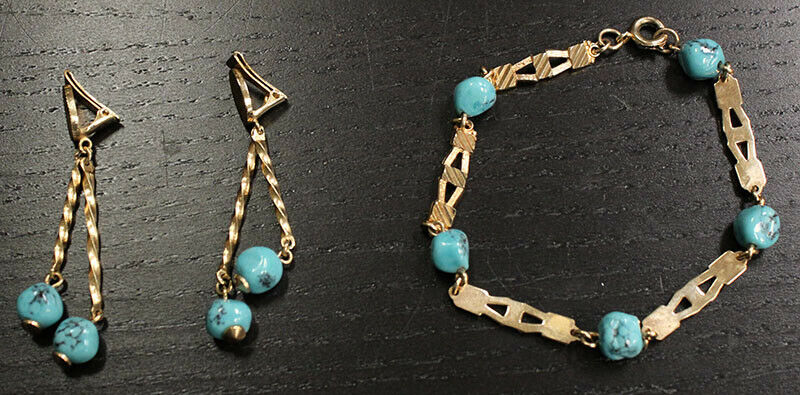 Turquoise Gold Tone Earring & Bracelet Set