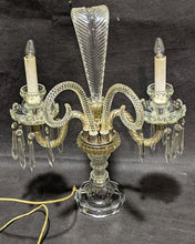 Load image into Gallery viewer, Pressed Glass &amp; Cut Crystal Candle Lamp with Serpentine Arms &amp; Feather Detail
