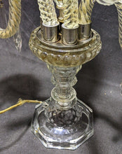 Load image into Gallery viewer, Pressed Glass &amp; Cut Crystal Candle Lamp with Serpentine Arms &amp; Feather Detail
