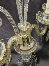 Load image into Gallery viewer, Pressed Glass &amp; Cut Crystal Candle Lamp with Serpentine Arms &amp; Feather Detail
