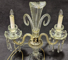 Load image into Gallery viewer, Pressed Glass &amp; Cut Crystal Candle Lamp with Serpentine Arms &amp; Feather Detail
