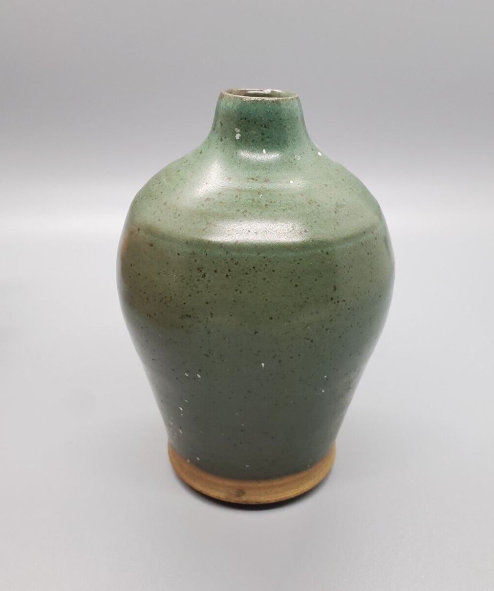 Vintage Hand Made Small Green Pottery Vase - Single Stem