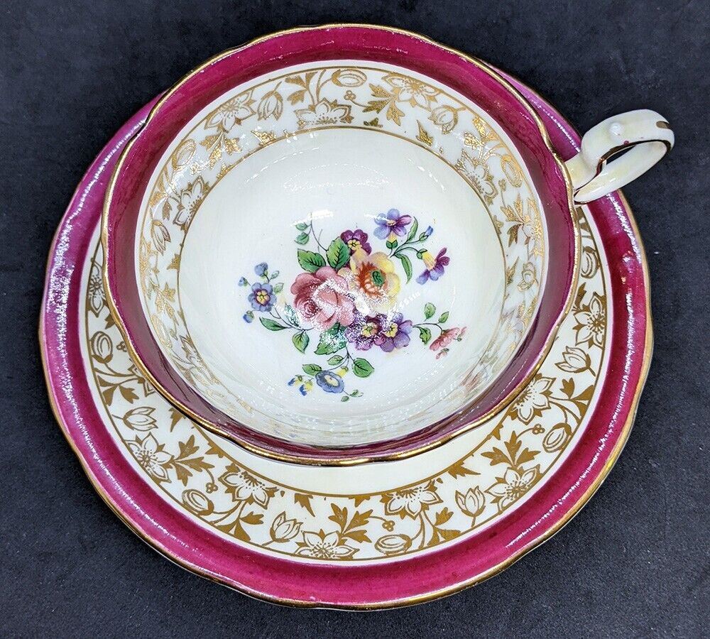 AYNSLEY Bone China Tea Cup & Saucer - Maroon Border, Floral Bowl