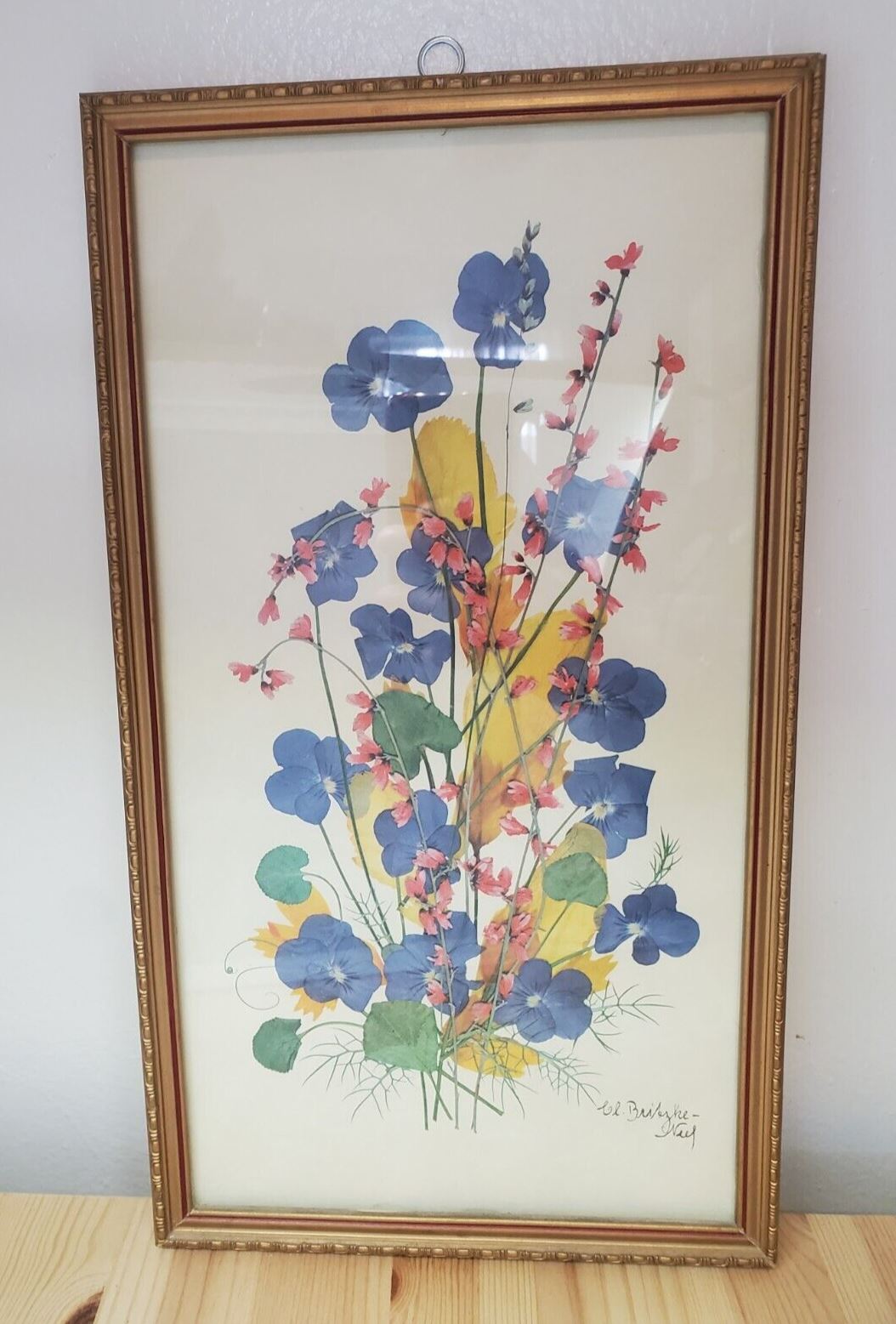 Antique Framed Flowers Print - Signed - E