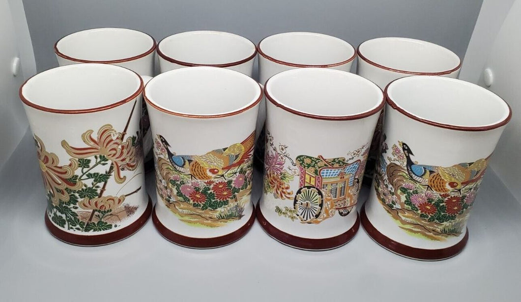 8 Mugs Lot featuring Asian Detailed Paintings