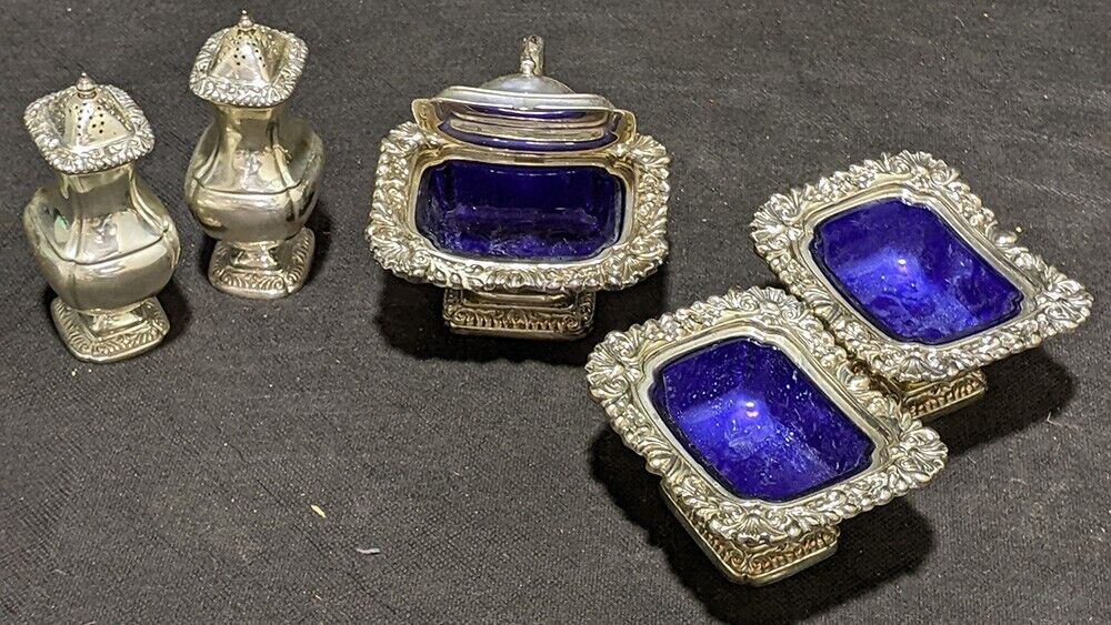 Vintage 5 Pc. Silver Plate & Cobalt Glass Salt, Pepper & Mustard Set