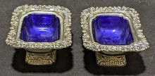 Load image into Gallery viewer, Vintage 5 Pc. Silver Plate &amp; Cobalt Glass Salt, Pepper &amp; Mustard Set
