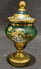 Load image into Gallery viewer, Emerald Green &amp; Heavy Gold Bohemian Czech Art Glass Lidded Pedestal Dish
