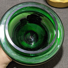 Load image into Gallery viewer, Emerald Green &amp; Heavy Gold Bohemian Czech Art Glass Lidded Pedestal Dish
