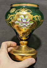 Load image into Gallery viewer, Emerald Green &amp; Heavy Gold Bohemian Czech Art Glass Lidded Pedestal Dish
