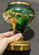 Load image into Gallery viewer, Emerald Green &amp; Heavy Gold Bohemian Czech Art Glass Lidded Pedestal Dish
