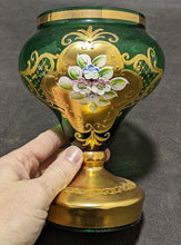 Load image into Gallery viewer, Emerald Green &amp; Heavy Gold Bohemian Czech Art Glass Lidded Pedestal Dish
