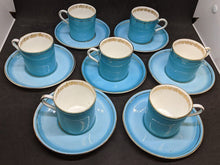 Load image into Gallery viewer, Set of 7 Teal And Gold Leaf Design AYNSLEY Demitasse Bone China Cups &amp; Saucers
