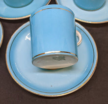 Load image into Gallery viewer, Set of 7 Teal And Gold Leaf Design AYNSLEY Demitasse Bone China Cups &amp; Saucers
