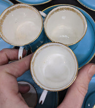 Load image into Gallery viewer, Set of 7 Teal And Gold Leaf Design AYNSLEY Demitasse Bone China Cups &amp; Saucers
