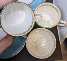 Load image into Gallery viewer, Set of 7 Teal And Gold Leaf Design AYNSLEY Demitasse Bone China Cups &amp; Saucers
