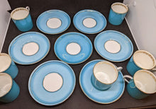 Load image into Gallery viewer, Set of 7 Teal And Gold Leaf Design AYNSLEY Demitasse Bone China Cups &amp; Saucers
