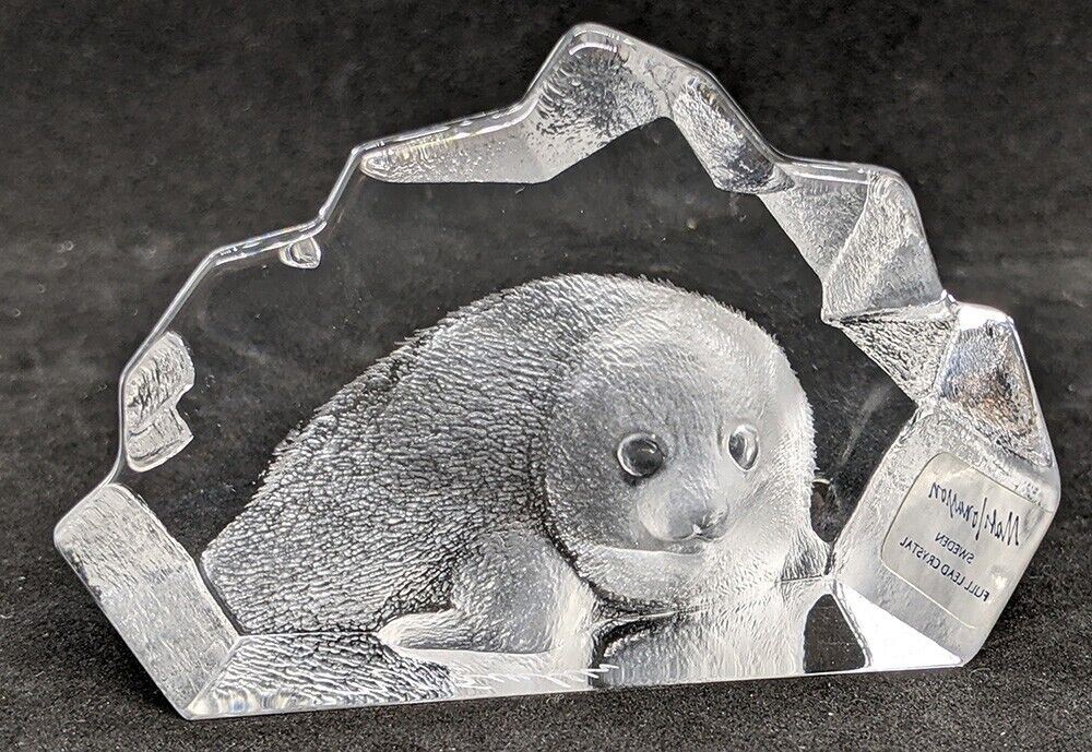 Mats Jonasson (Sweden) Lead Crystal Carved Baby Seal In Iceberg Figurine