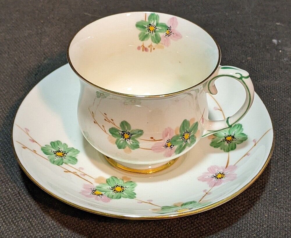 1935 PARAGON Bone China Tea Cup & Saucer - Green & Pink Flowers