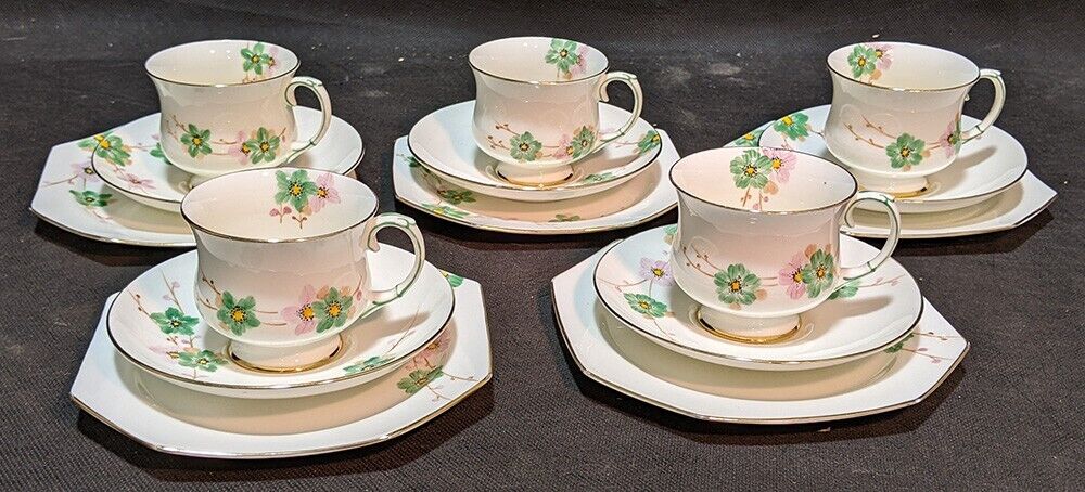 1935 PARAGON Bone China Dessert Set For 5 - Green & Pink Flowers